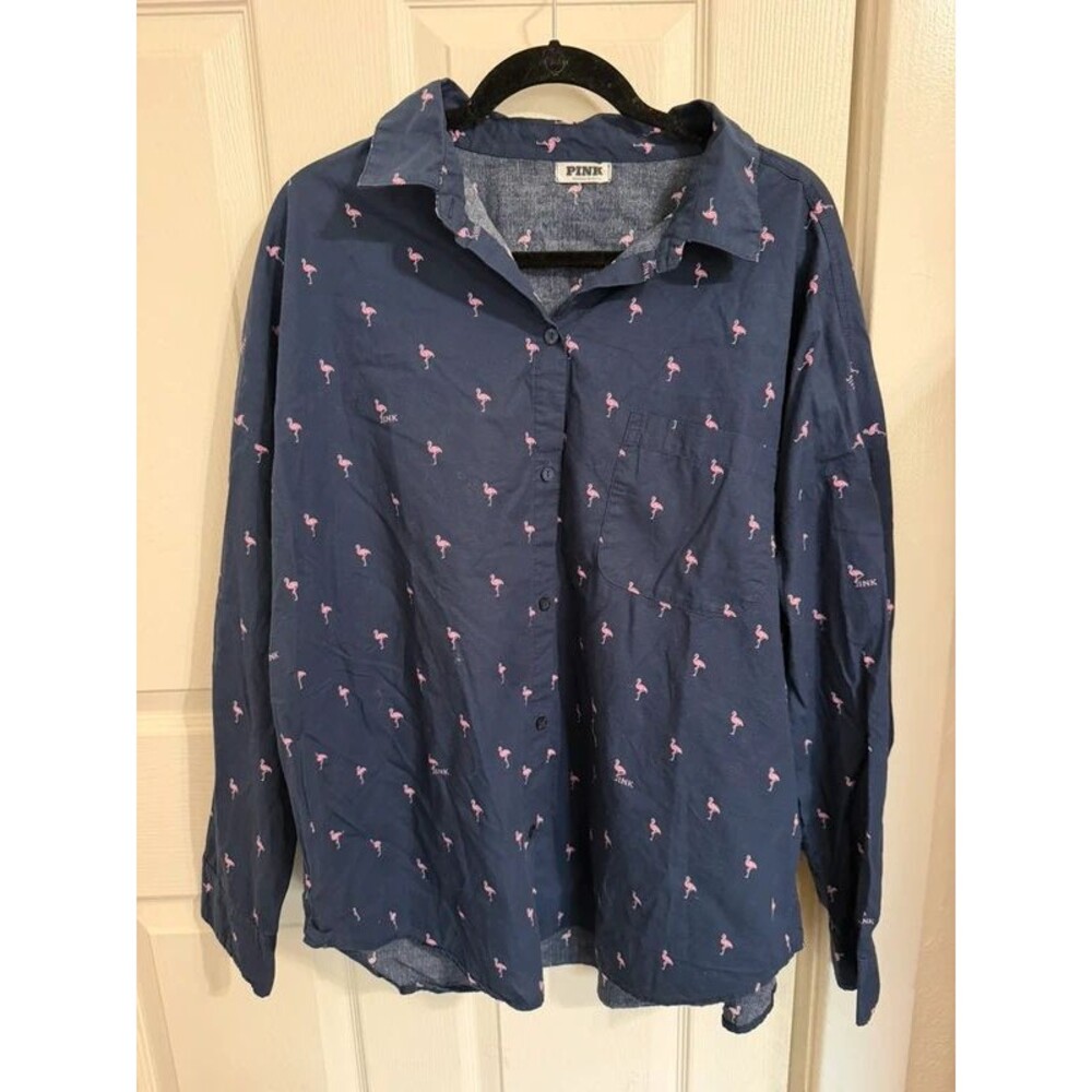 PINK Victoria’s Secret Navy Flamingo Button Down Size XL